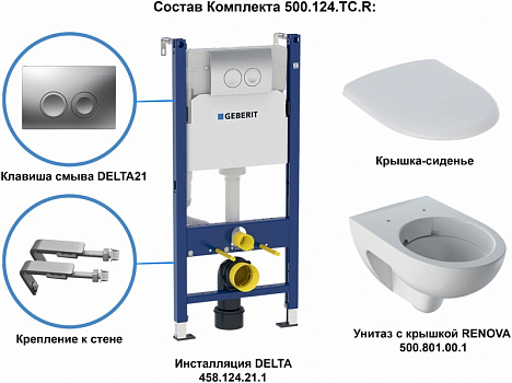Комплект унитаза Geberit Renova 500.124.TC.R с инсталляцией Duofix с сиденьем Микролифт и клавишей смыва Хром глянцевый